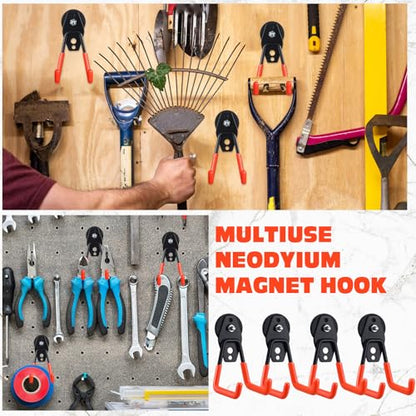 4 Pcs Large Magnetic Hooks Heavy Duty Garage Magnet Hooks Strong Storage Utility Magnetic Hangers with Anti Slip Rubber Coating for Indoor and Outdoor Hanging (Orange)
