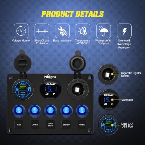 5 Gang Multi Function Switch Panel Waterproof Pre (Waterproof Type C + USB Blue)