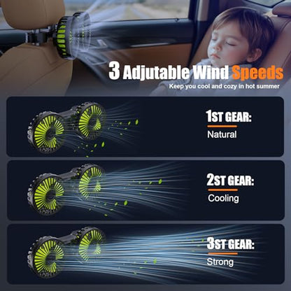 Dual Head USB Car Cooling Fans for Backseat Kids 3 Adjustable Speeds (Black+Silver)