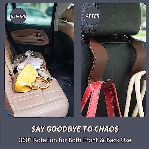 4 Pack Car Headrest Hooks Holds 55lbs Seat Storage Organizer for Bags (Leather Brown)