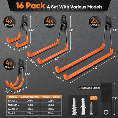 16 Pack Garage Hooks Heavy Duty (16 / Orange)