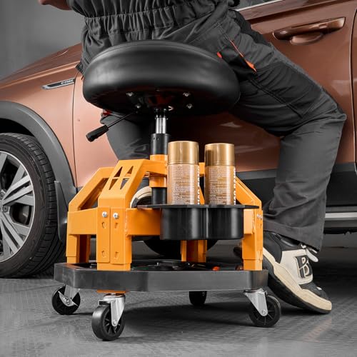 Mechanic Stool Dual Storage Trays Rolling Stool and Garage Stool with Adjustable Height 23.6 (Yellow)