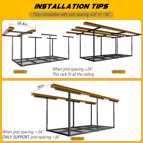3 x 8FT Overhead Garage Storage Rack (Black / 3x8 FT Without Sidebar)