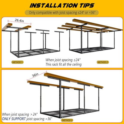 3 x 8FT Overhead Garage Storage Rack (Black / 3x8 FT Without Sidebar)