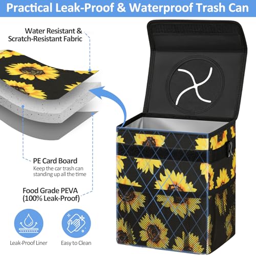 Leak Proof Car Trash Can with Lid Large Sunflower Floral (Sunflower / 3 Gallons)