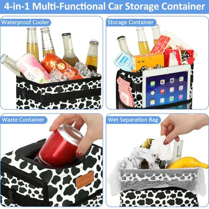 Leak Proof Car Trash Can with Lid Large Cow Print (Cow Print / 3 Gallons)