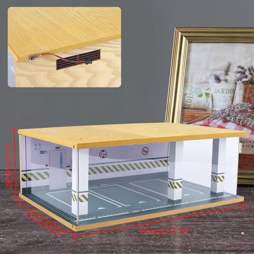 1 24 Parking Garage Model Car Garage Display Case with Clear Acrylic Cover and LED Lighting Toy Car Storage Tabletop Showcase for Boy Kids Home Toy Stores (3 Parking Space)