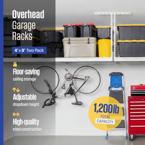 White 4x8 Overhead Garage Storage Rack 600 lb 24” (White / 24"-45" (2 Pack))