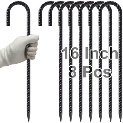 Rebar Stakes 16 Inch J Hook Heavy Duty Steel Chain Link Fence Stakes (J-16 Inch-8 Pcs / J-16 Inch-Φ5/16"-Black)
