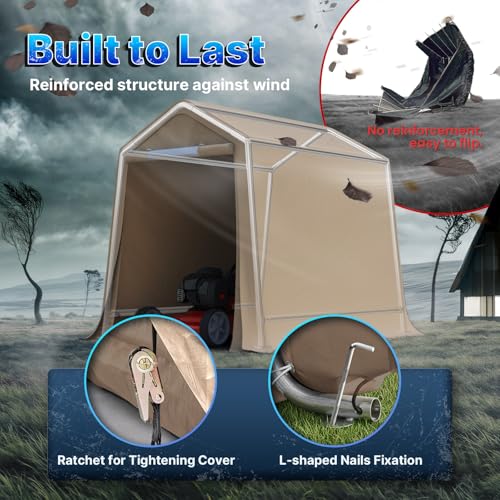 6x8 ft Outdoor Portable Storage Shelter Shed with 2 Roll up Zipper Doors & Vents Carport for Motorcycle Waterproof and UV Resistant Portable Garage Kit Tent (Beige / 6'x8')