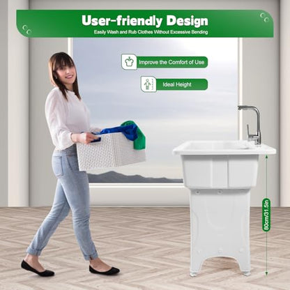 Freestanding Utility Sink Plastic Laundry Tub Sink with Storage Shelf Indoor Outdoor Slop Sink Wash Station for Bathroom Laundry Washing Room (E / White-31.5*22.05*31.5in)