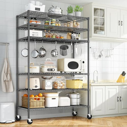Heavy Duty 6 Tier Rolling Storage Shelves with Wheels for Garage (82"H X 45"W X 18"D-Black)