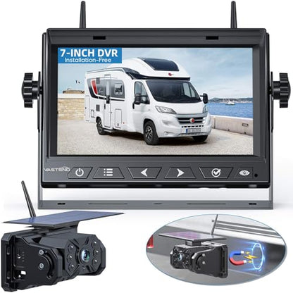 Magnetic Solar Wireless Backup Camera No Installation VASTEND 1080P 7'' RV Backup Camera with 10000mAh Rechargeable Battery for Box Truck Trailer Camper Car Caravan Rearview Reversing Camera (Camera Set / Black)
