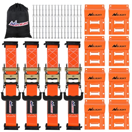 Wheel Chock Tie Down Kit with 4Pcs E Track Ratchet Straps (4Pcs E-Track Straps + 8Pcs Wheel Chock)