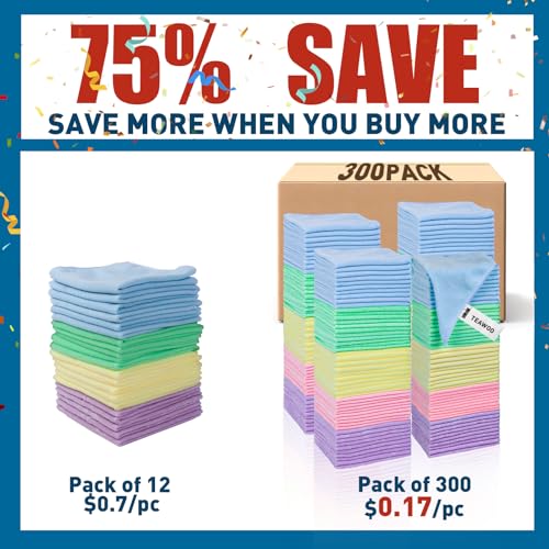 Microfiber Towels Bulk (5 Colors Assorted / 300 Pack)
