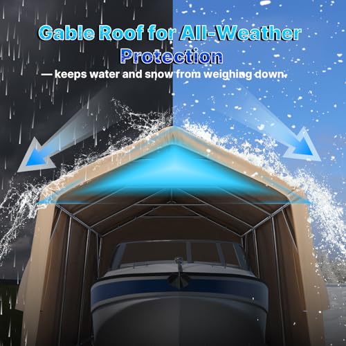 10X15 ft Garage Shelter Steel Metal Peak Roof Portable Storage Shed Carports for Motorcycle Boat (Beige / 10'x15')