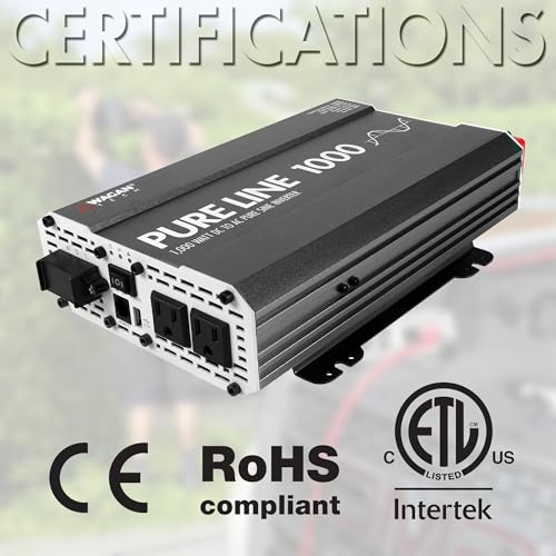 EL3804 Pure Line Inverter 1000 Watt DC 12V to 110V AC Car Pure Sine Wave Power Inverter for Home RV Camping Van Life Off Grid ETL Certified (1000W)