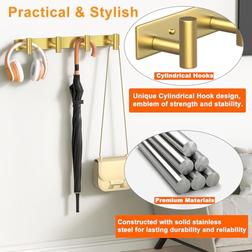 Wall Mounted Coat Rack ("T" Shape 4 Hooks - 1 Pack / Gold)