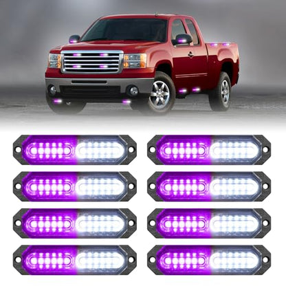 8pcs 12 LED Strobe Grille Lights Surface Mount Hazard Lights (Purple/White)
