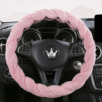 Luxury Fluffy Winter Car Steering Wheel Cover for Women Soft Warm Plush Cute Auto Accessories for Vehicle (Pink / Standard Size [14.75-15.15"] (37.5-38.5cm))
