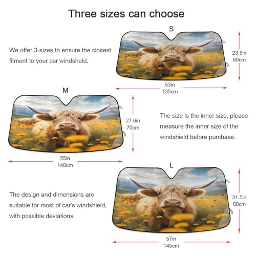 Car Windshield Sun Shade Cattle Cow Yellow Daisy Flower Field Foldable Car Front Windshield Sunshade Blocks UV Rays Sun Visor Sun Heat Protection for Car Truck SUV to Keep Your Vehicle Cool (Small / Cattle Cow)