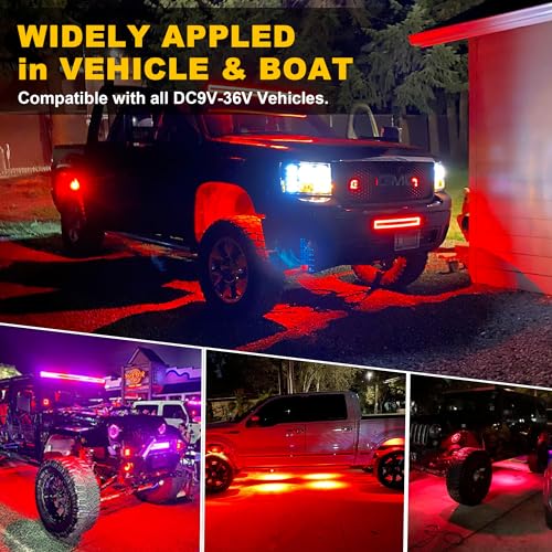 4Pods Pure Red LED Rock Lights 72 pcs LEDs high Power Rock Lights Neon Underglow Light for Car Trucks ATV UTV SUV Boat Underbody Glow Trail Rig Lights IP68 Waterproof (Pure red rock lights - 4 pack)