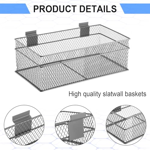 4 Pcs Slatwall Basket Set Ventilated Metal Slatwall Basket Hanging Wire Bins Wall Mounted Accessories for Panel Garage Storage Display Organizing (Assorted Sizes / Grey)
