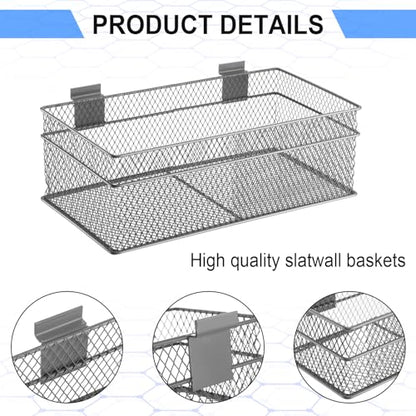 4 Pcs Slatwall Basket Set Ventilated Metal Slatwall Basket Hanging Wire Bins Wall Mounted Accessories for Panel Garage Storage Display Organizing (Assorted Sizes / Grey)