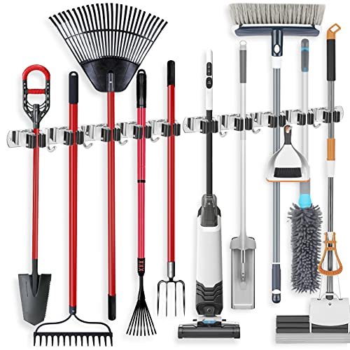 2 Pack Broom Holder Wall Mount Stainless Steel Mop Organizer (Stainless Steel - 5 Racks with 4 Hooks / 2 Pack)