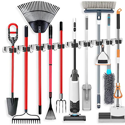 2 Pack Broom Holder Wall Mount Stainless Steel Mop Organizer (Stainless Steel - 5 Racks with 4 Hooks / 2 Pack)