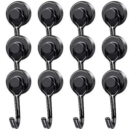 Magnetic Hooks 12 Pack 40Lbs Heavy Duty Neodymium Magnet Hooks (Black / 0.78×1.89 in)
