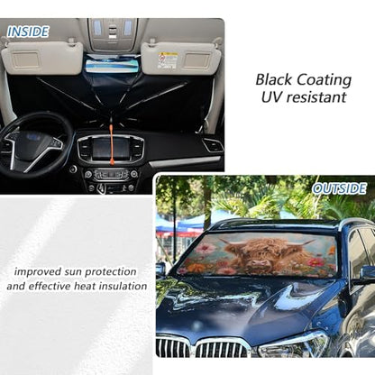 Windshield Sun Shade Umbrella Highland Cows Florals Foldable Car Front Window Sunshade Blocks UV Rays Heat Keep Vehicle Cool 55"x27.5" (multi 9)