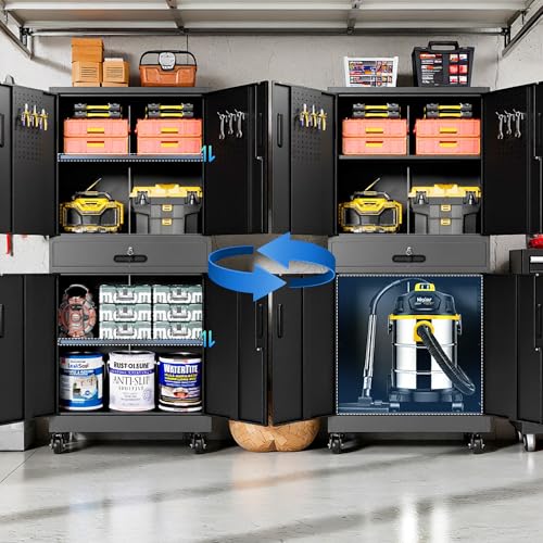 Metal Storage Cabinet for Garage (Black / L - 4 Doors & 1 Drawers (Wheeled))