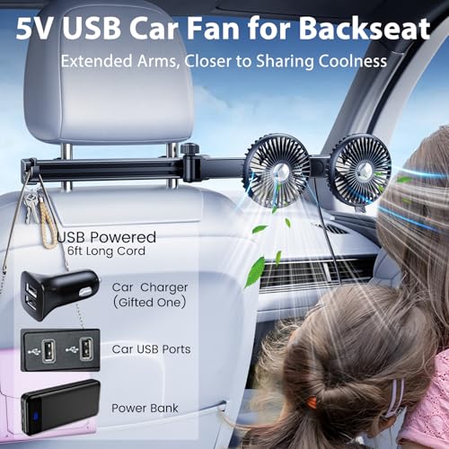 USB Car Fan for Backseat Kids Baby Rear Facing (White Blades / USB Car Fan-Long Arm)