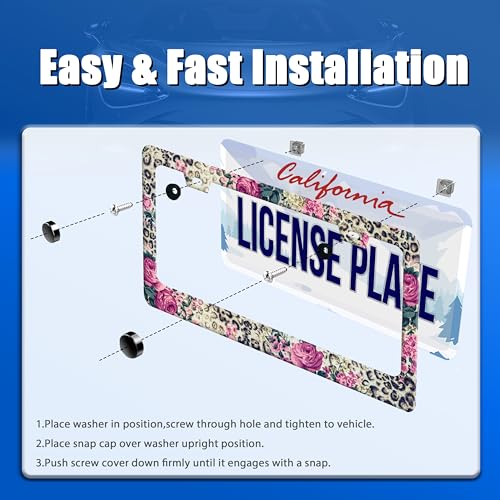 Rose Leopard License Plate Frame Stainless Steel Accessories12.3 x 6.3" (Vintage Roses Leopard Print)
