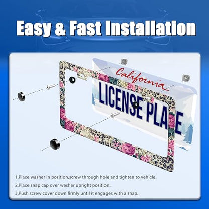 Rose Leopard License Plate Frame Stainless Steel Accessories12.3 x 6.3" (Vintage Roses Leopard Print)
