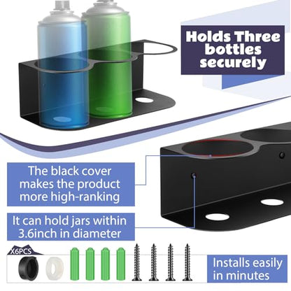 2 Pcs 3 Holes All Purpose Steel Spray Bottle Holder Heavy Duty Can Holder Rack Organizer Easy Install Wall Mount Paint Spray Bottle Organizer Storage Rack for Garage Home Workspace (Black / 3 Holes)