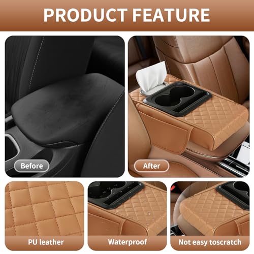 5-in-1 Car Armrest Cushion, Multifunctional PVC Leather Center Console Armrest Pillow Elbow, Universal Arm Box Pad Cover with Cup Holder, Phone Slot, Tissue Box Slot & 2 Storage Bags, Grey (Gray)