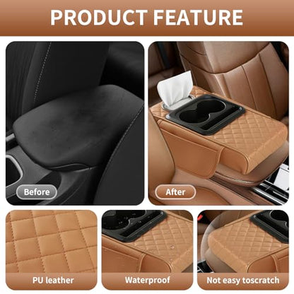 5-in-1 Car Armrest Cushion, Multifunctional PVC Leather Center Console Armrest Pillow Elbow, Universal Arm Box Pad Cover with Cup Holder, Phone Slot, Tissue Box Slot & 2 Storage Bags, Grey (Gray)