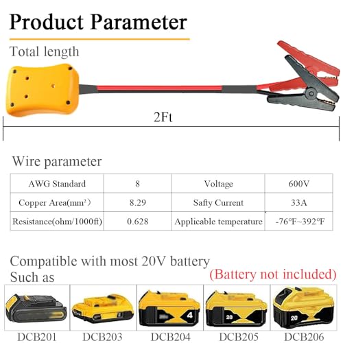 Jumper Cables with Adapter Compatible with Dewalt 20V Battery (2FT)