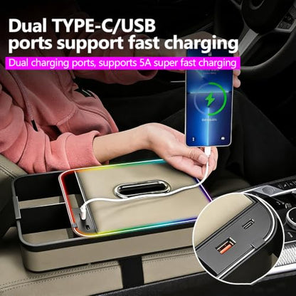 Car Armrest Storage Box with LED Ambient Light (Beige)