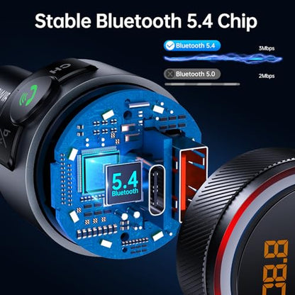 Bluetooth 5.4 Car Adapter 38W FM Transmitter Hands Free Calls (Black)