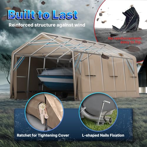 13x20 ft Carport 2 Roll up Doors & Vents Outdoor Portable Storage Shelter Garage Tent for Vehicle Boat Truck Anti (Beige / 13'x20')