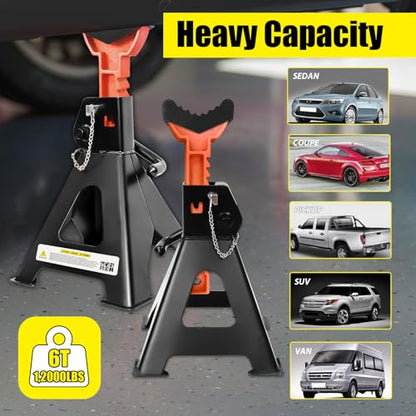 Jack Stands 6 Ton (6 Ton Double Pin Locking with Rubber Pads / Black+Orange)