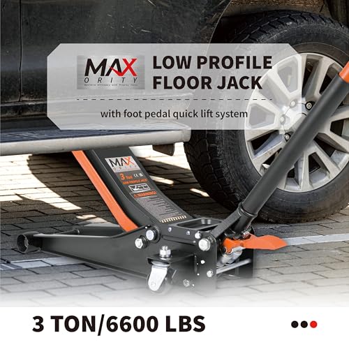 3-Ton (6600lbs) Low-Profile Dual Pistons Heavy-Duty Steel Racing Floor Jack with Quick Lift Hydraulic Pump, Foot Pedal and Magentic Pad for Car Maintenance (Orange)