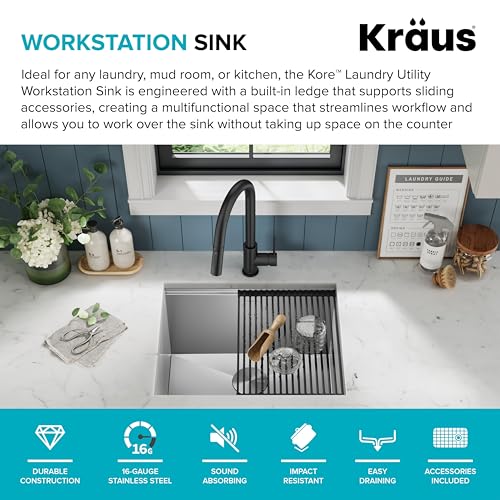 Kore 23 Inch Undermount Workstation Single Bowl 16 Gauge Deep Laundry Utility Stainless Steel Kitchen Sink with Accessories (Stainless Steel / 23 inch / Laundry Sink)