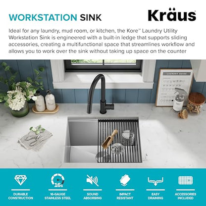 Kore 23 Inch Undermount Workstation Single Bowl 16 Gauge Deep Laundry Utility Stainless Steel Kitchen Sink with Accessories (Stainless Steel / 23 inch / Laundry Sink)