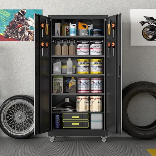Garage Storage Cabinet with Wheels & Pegboard Doors (Black / 18"D x 34"W x 71"H)