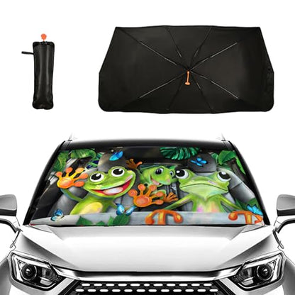 Frogs Car Windshield Sun Shade Umbrella Car Windshield Foldable Accessories Blocks Uv Rays Keeps Car Cool Car Foldable Umbrella Sunshade for Front Window Universal (One Size / Frogs)