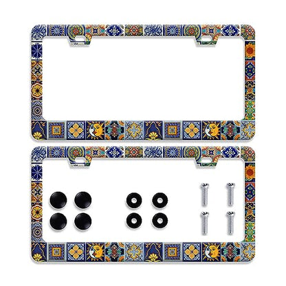 2Pcs】 Mexican Tiles License Plate Frames Mandala Boho License Plate Frame (【2Pcs】Mexican Tiles Mandala)